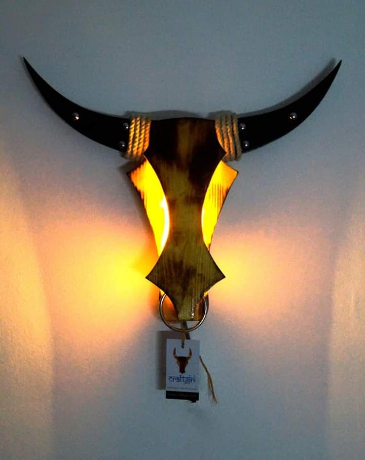 Wooden bull head wall lamp with backlighting — Aryaveil India